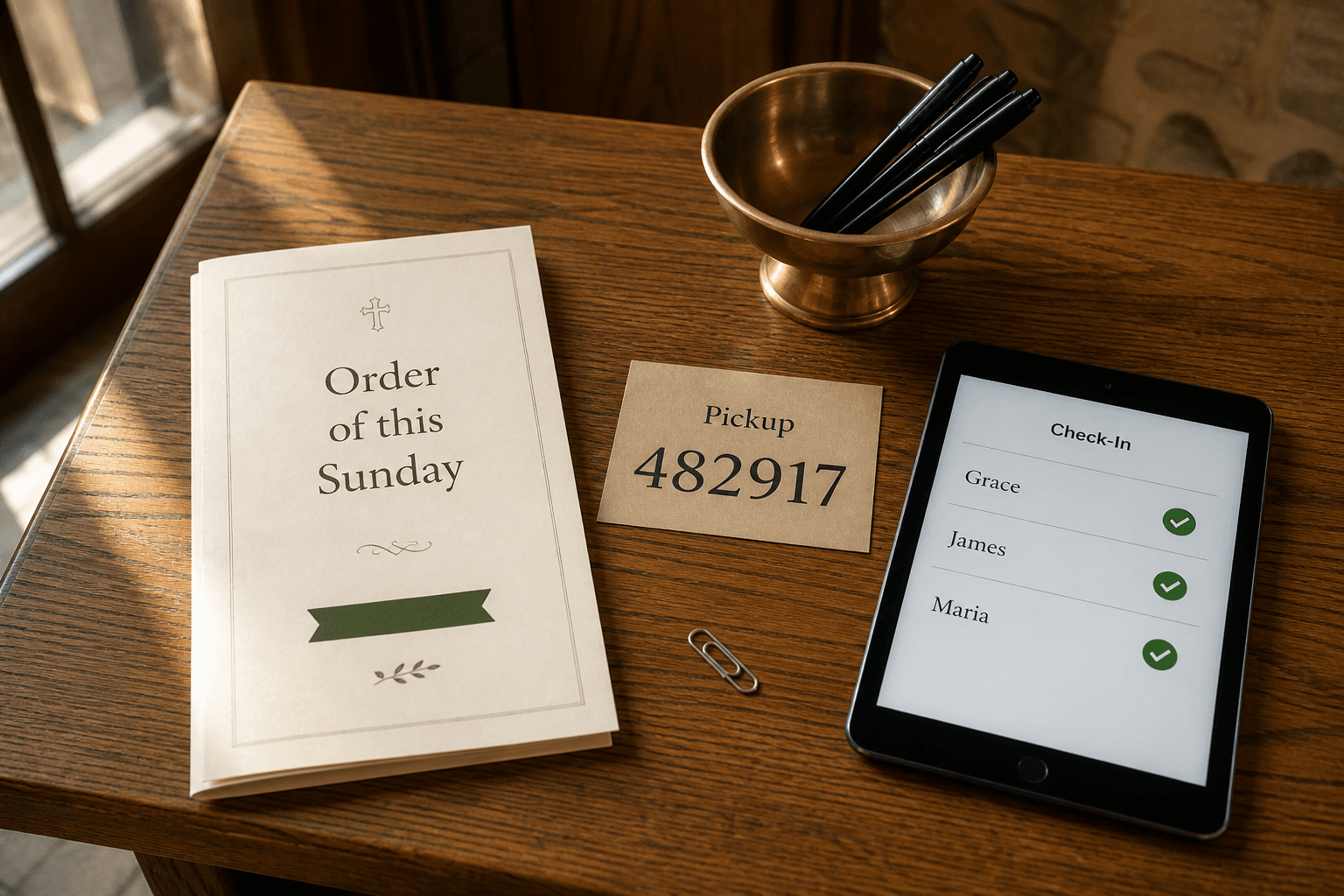 A welcome table with check-in and a pickup code card
