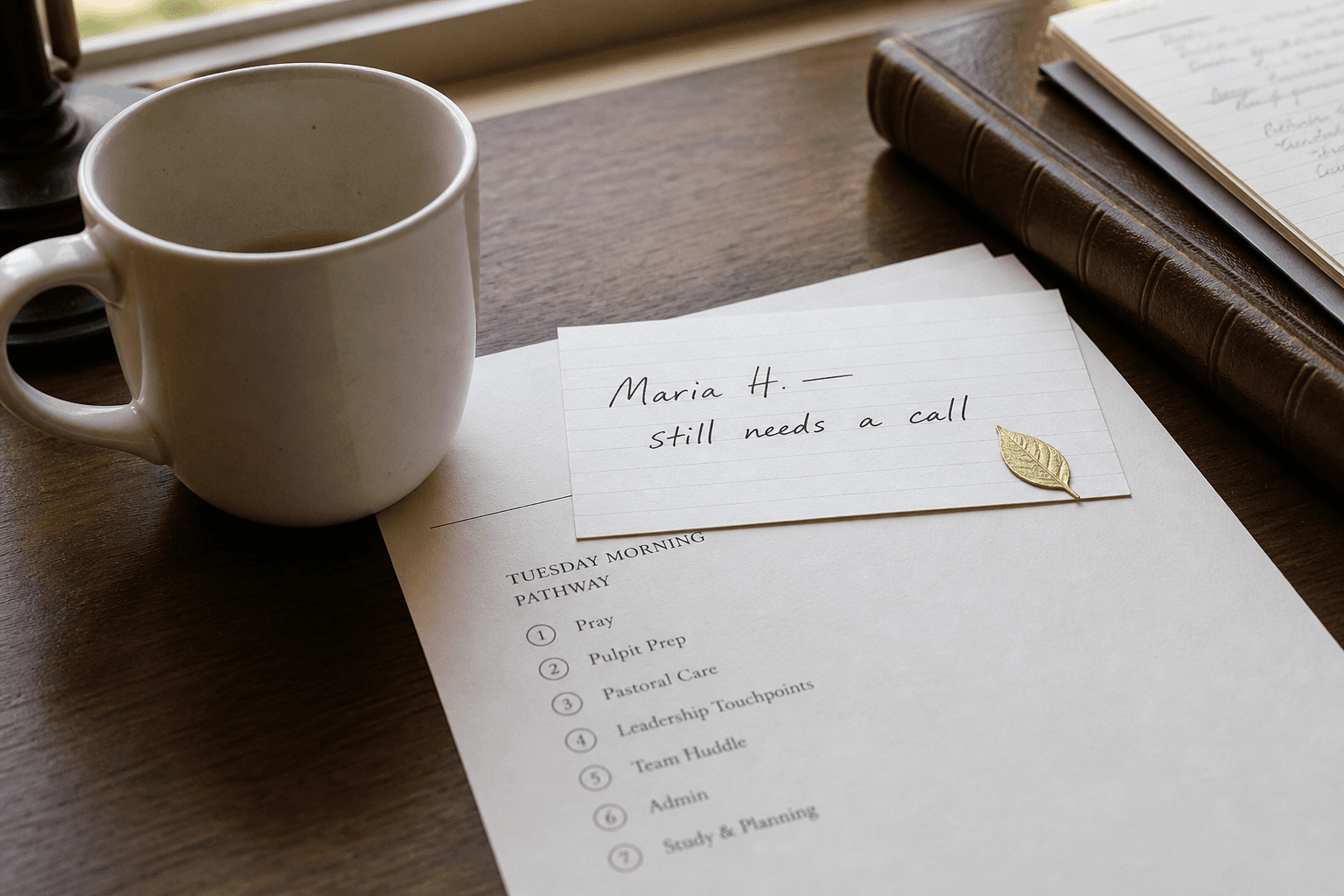A Tuesday desk with a card that still needs a call